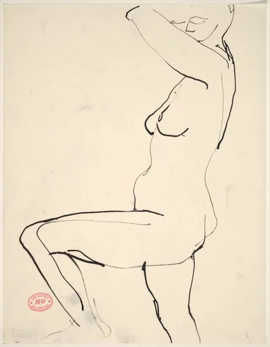 Untitled [side view of standing female nude with arm and leg raised] by Richard Diebenkorn, drawing, 1955-1967