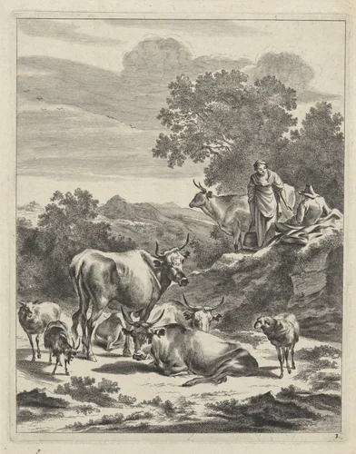 Herder en herderin met een emmer by Jan de Visscher, print, 1650-1701