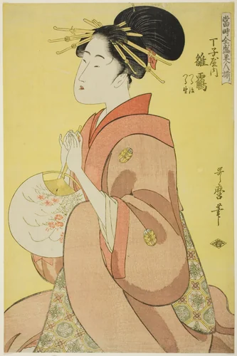 Hinazuru of the Chojiya, Whose Attendants Are Tsuruji and Tsuruno (Chojiya uchi Hinazuru, Tsuruji, Tsuruno), from the series "Array of Supreme Beauties of the Present Day (Toji zensei bijin-zoroe)" by Kitagawa Utamaro (喜多川歌麿), print, 1789-1799