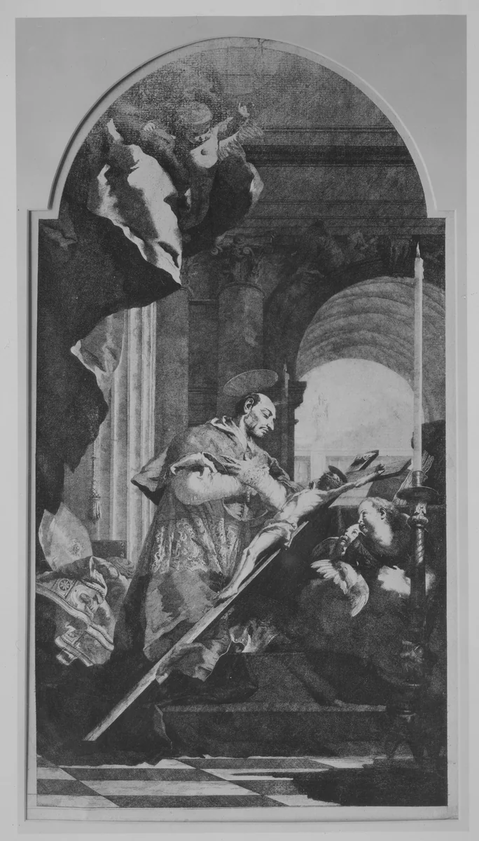 Saint Charles Borromeo Venerating the Crucifix by Lorenzo Tiepolo, print, 1750-1790