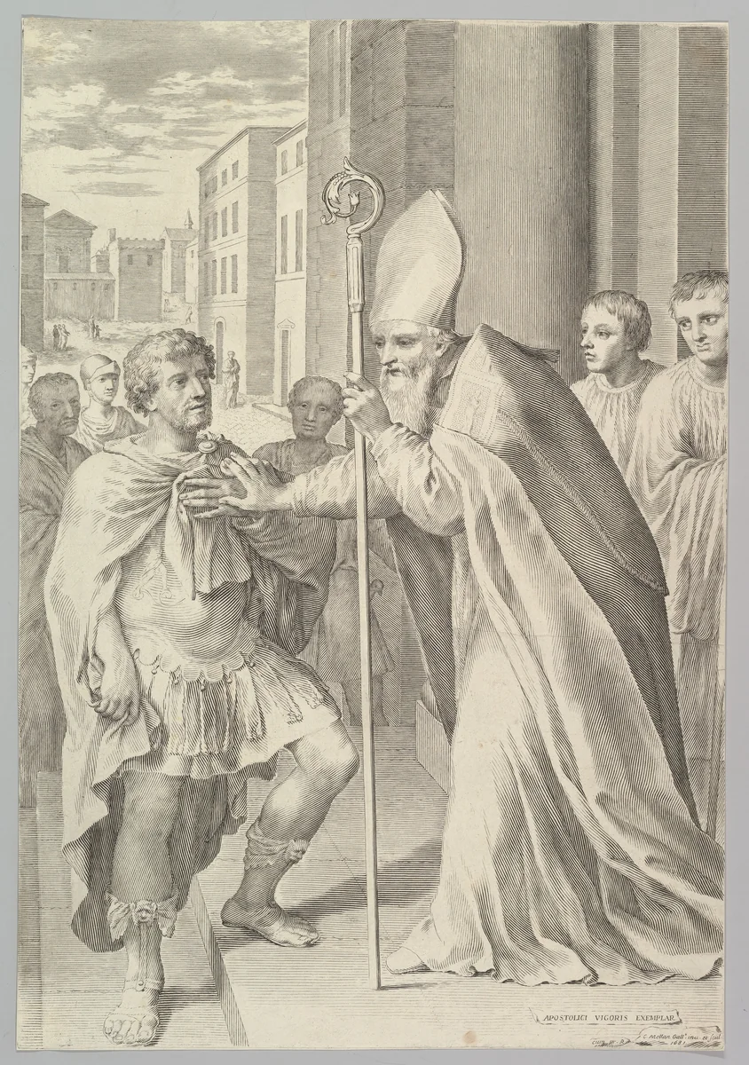St. Ambrose, Archbishop of Milan, Turning Back Emperor Theodosius by Claude Mellan, print, 1681