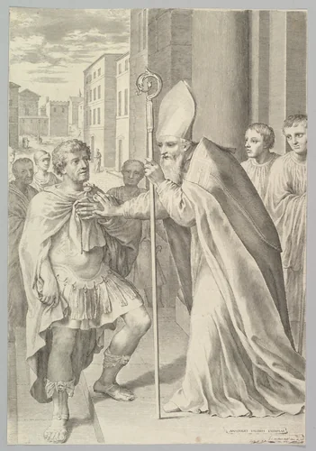 St. Ambrose, Archbishop of Milan, Turning Back Emperor Theodosius by Claude Mellan, print, 1681