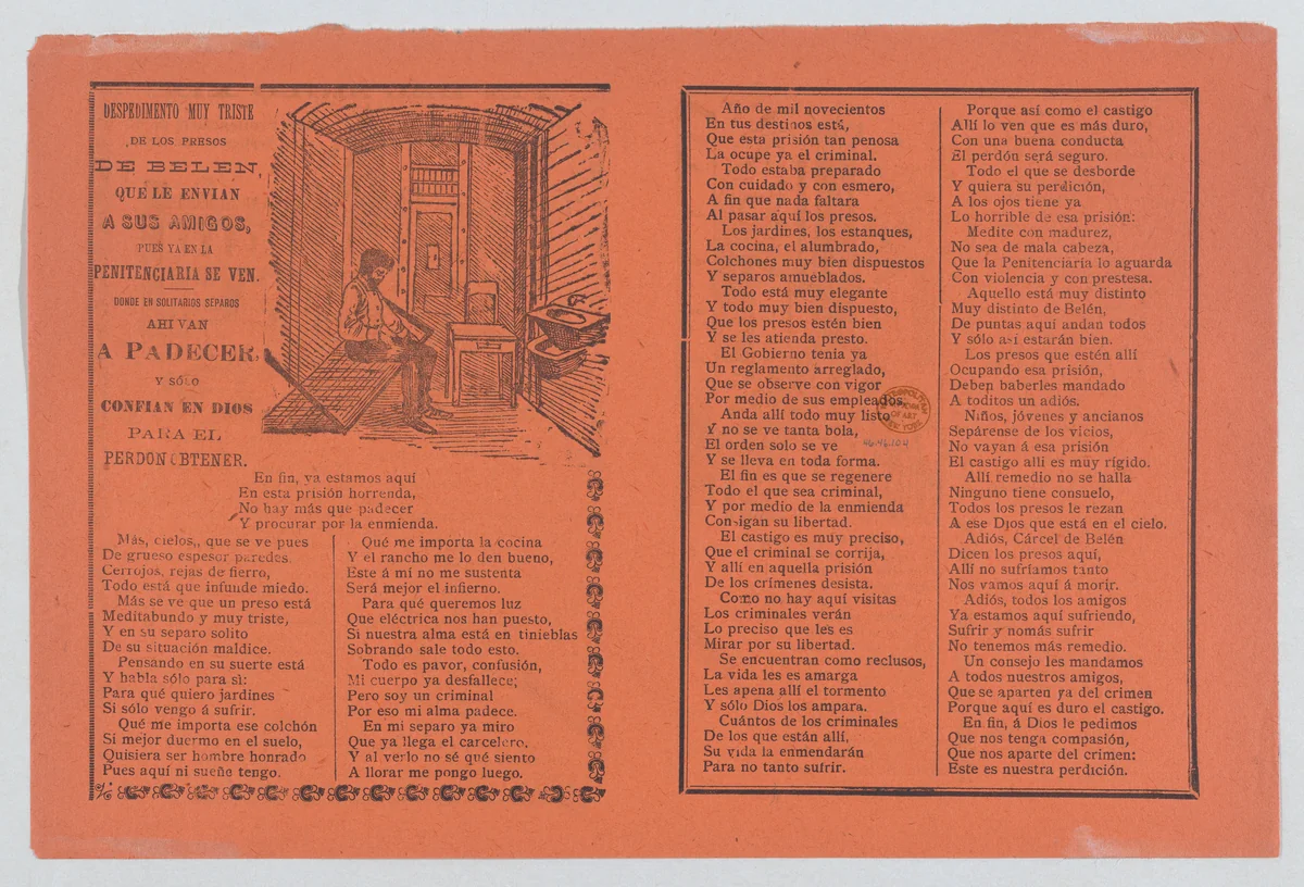 Broadsheet relating to life in prison, a man in his jail cell by José Guadalupe Posada, print, 1900-1913