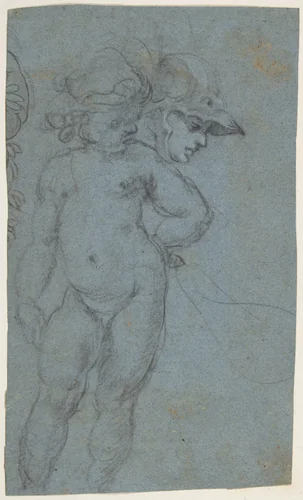 Standing Nude Putto and Study of a Helmeted Head by Micco Spadaro, drawing, 1609-1675