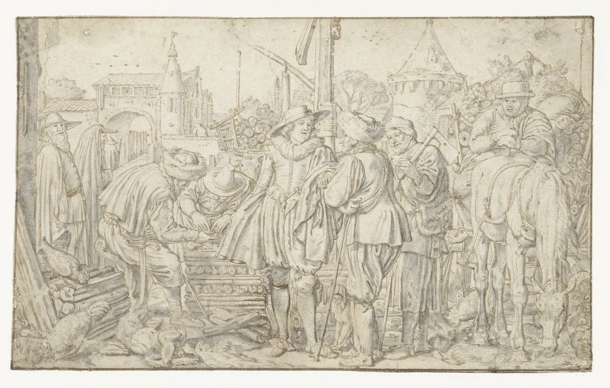 Houtmarkt by Willem Pietersz Buytewech, drawing, 1620-1624