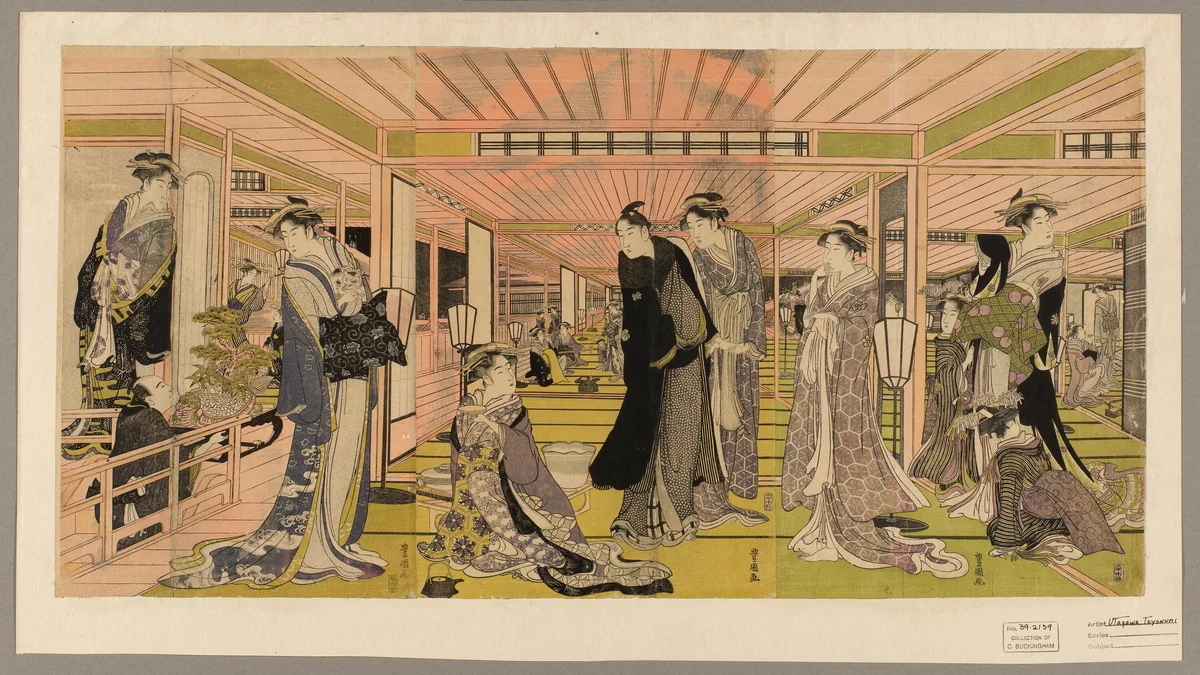 The parlor of a brothel in the pleasure quarters by Utagawa Toyokuni I (初代 歌川 豊国), print, 1784-1806