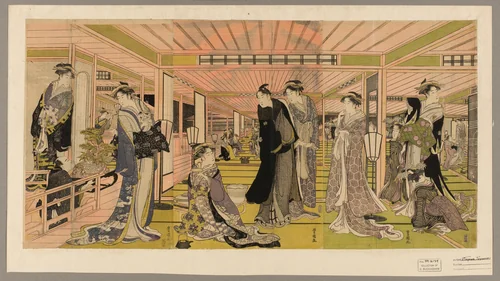 The parlor of a brothel in the pleasure quarters by Utagawa Toyokuni I (初代 歌川 豊国), print, 1784-1806