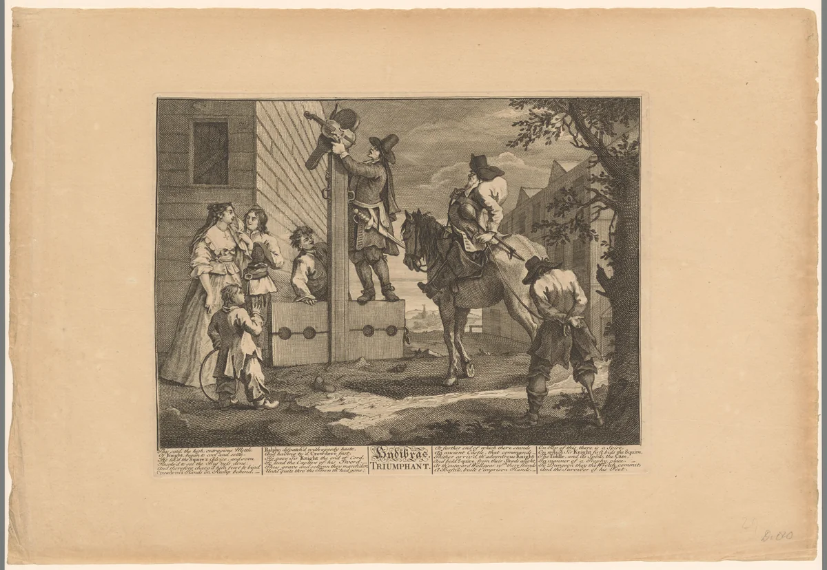 Hudibras met gearresteerde vioolspeler kijkt toe hoe Ralpho diens viool aan een schandpaal vastmaakt by William Hogarth, print, 1725-1735