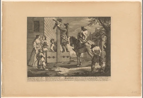 Hudibras met gearresteerde vioolspeler kijkt toe hoe Ralpho diens viool aan een schandpaal vastmaakt by William Hogarth, print, 1725-1735