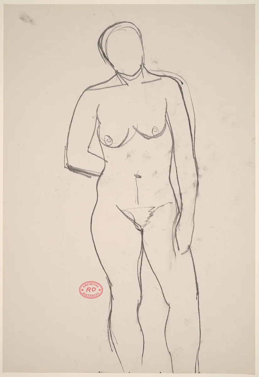 Untitled [front view of standing female nude with arm behind back] by Richard Diebenkorn, drawing, 1955-1967