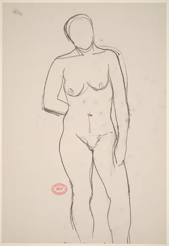 Untitled [front view of standing female nude with arm behind back] by Richard Diebenkorn, drawing, 1955-1967