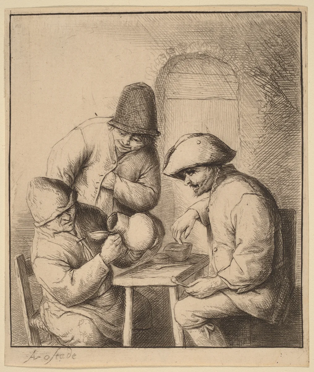 Three Peasants at an Inn, One Looking Down a Jug by Adriaen van Ostade, print, 1643-1653