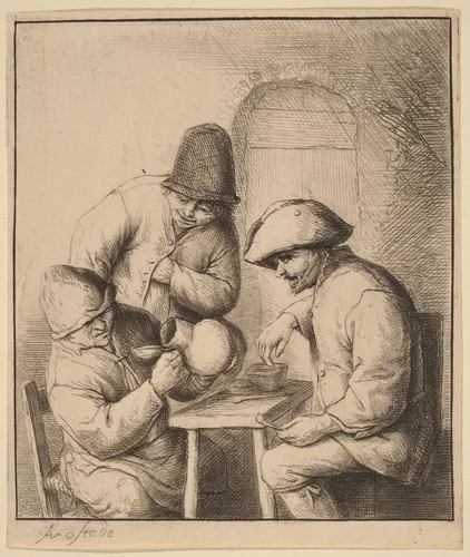 Three Peasants at an Inn, One Looking Down a Jug by Adriaen van Ostade, print, 1643-1653