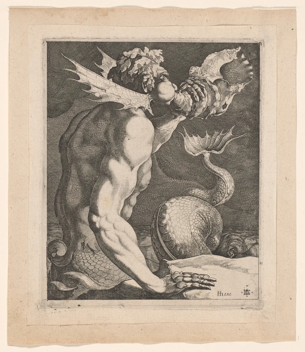 Triton Blowing a Conch by Jacques de Gheyn III, print, 1613-1623