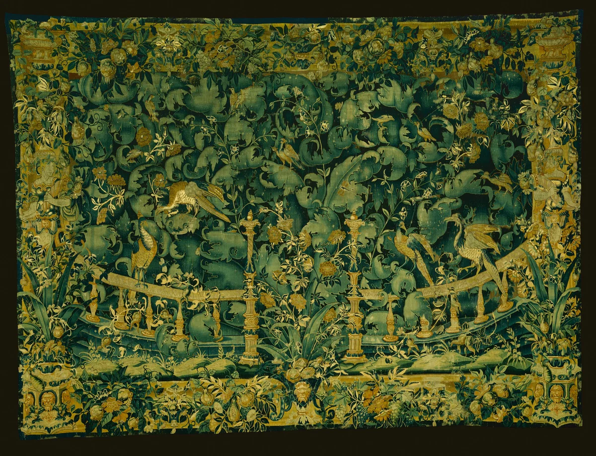 Large Leaf Verdure with Balustrade and Birds by Probably Southern Netherlands, textile, 1550-1575