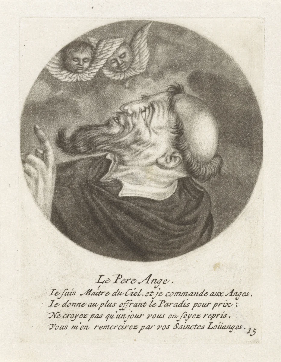 Monnik met engelen by Jacob Gole, print, 1670-1724
