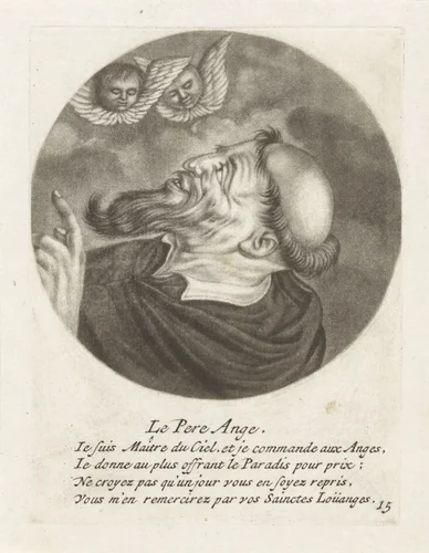 Monnik met engelen by Jacob Gole, print, 1670-1724