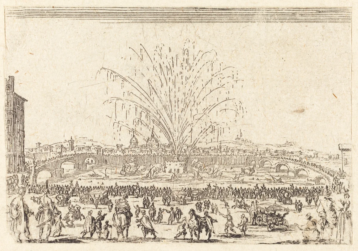 Fireworks on the Arno, Florence by Jacques Callot, print, 1622