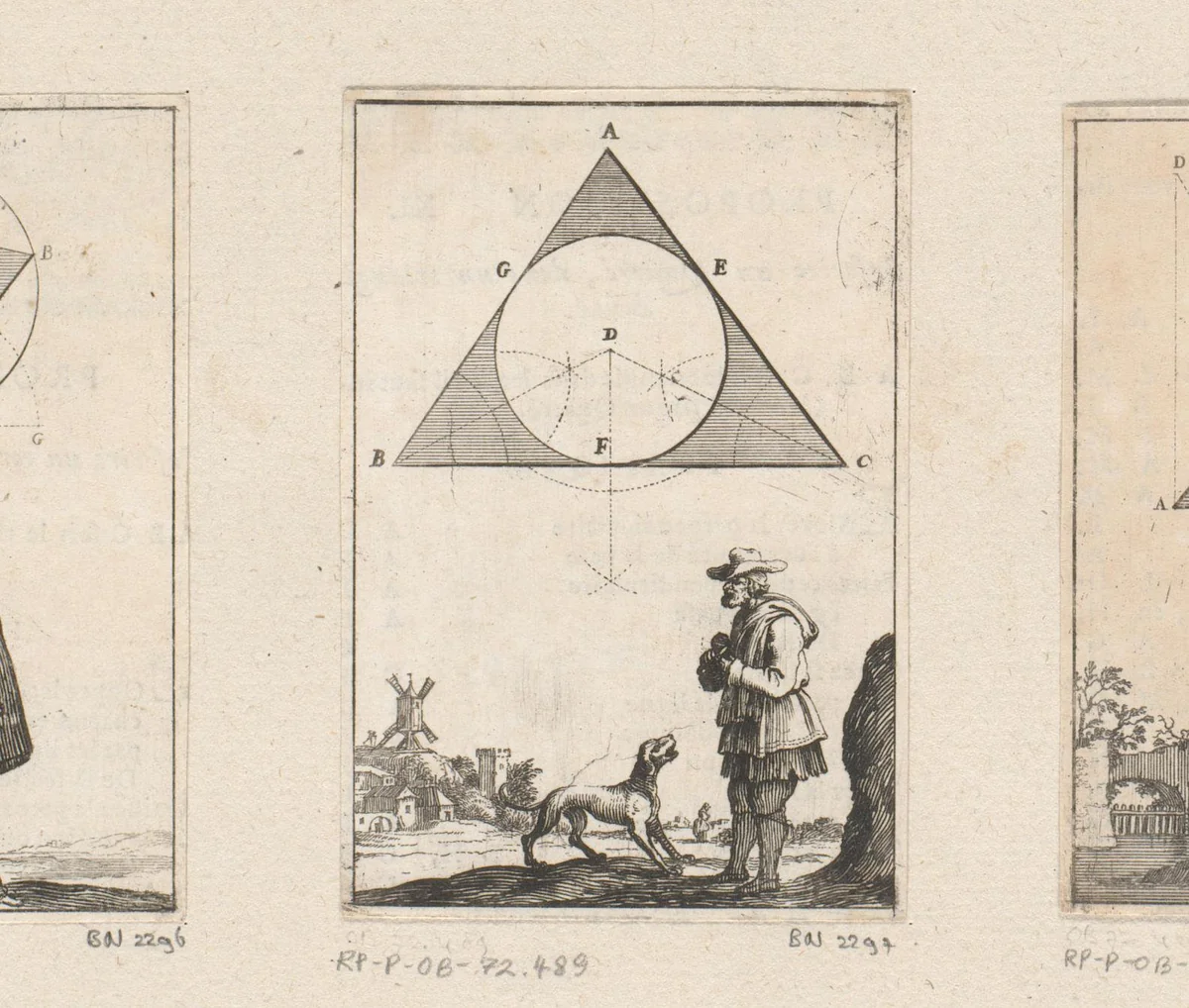 Constructie van een cirkel in een driehoek met onderaan een man en een hond by Sébastien Leclerc, print, 1669