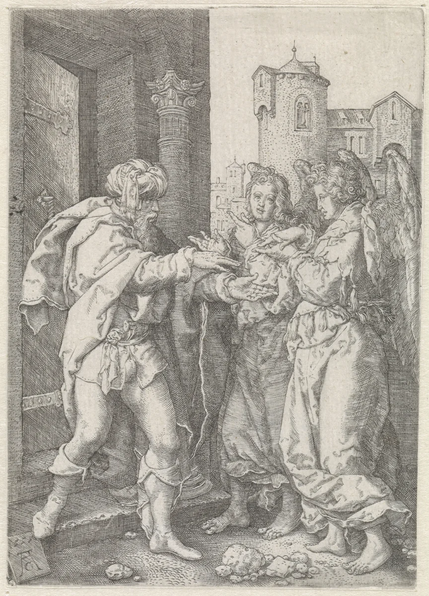 Lot verwelkomt de engelen by anonymous, print, 1555-1610