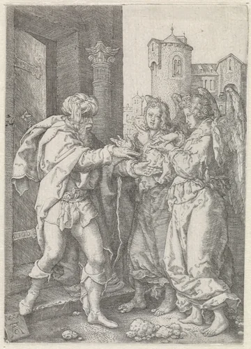 Lot verwelkomt de engelen by anonymous, print, 1555-1610