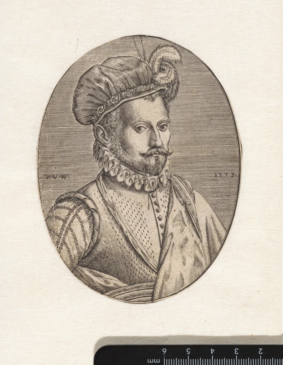 Portret van een onbekende man, een gevederde muts op het hoofd by Unknown, print, 1573