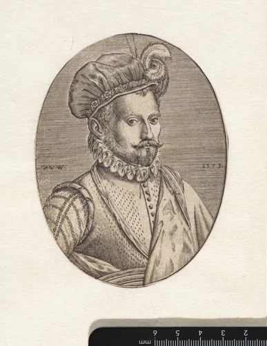 Portret van een onbekende man, een gevederde muts op het hoofd by Unknown, print, 1573