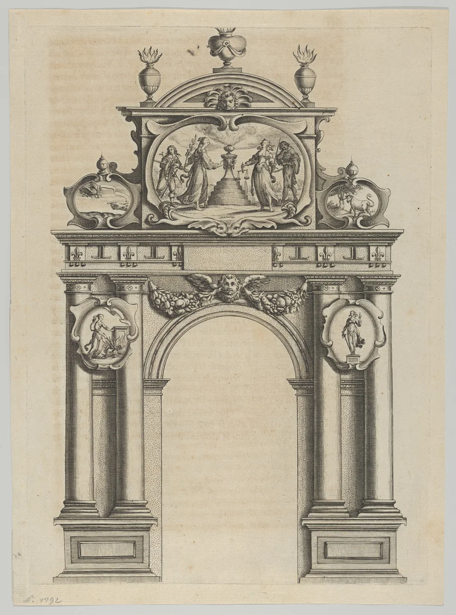 Triumphal arch, from 'Éloges et discours sur la triomphante réception du Roy en sa ville de Paris ...' by Jean-Baptiste de Machault by Melchior Tavernier, print, 1629