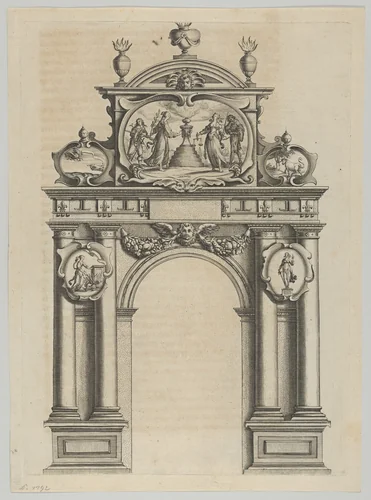 Triumphal arch, from 'Éloges et discours sur la triomphante réception du Roy en sa ville de Paris ...' by Jean-Baptiste de Machault by Melchior Tavernier, print, 1629