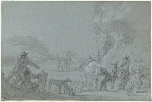 Resting Huntsmen in an Italianate Landscape by Jan Asselijn, drawing, 1636-1646
