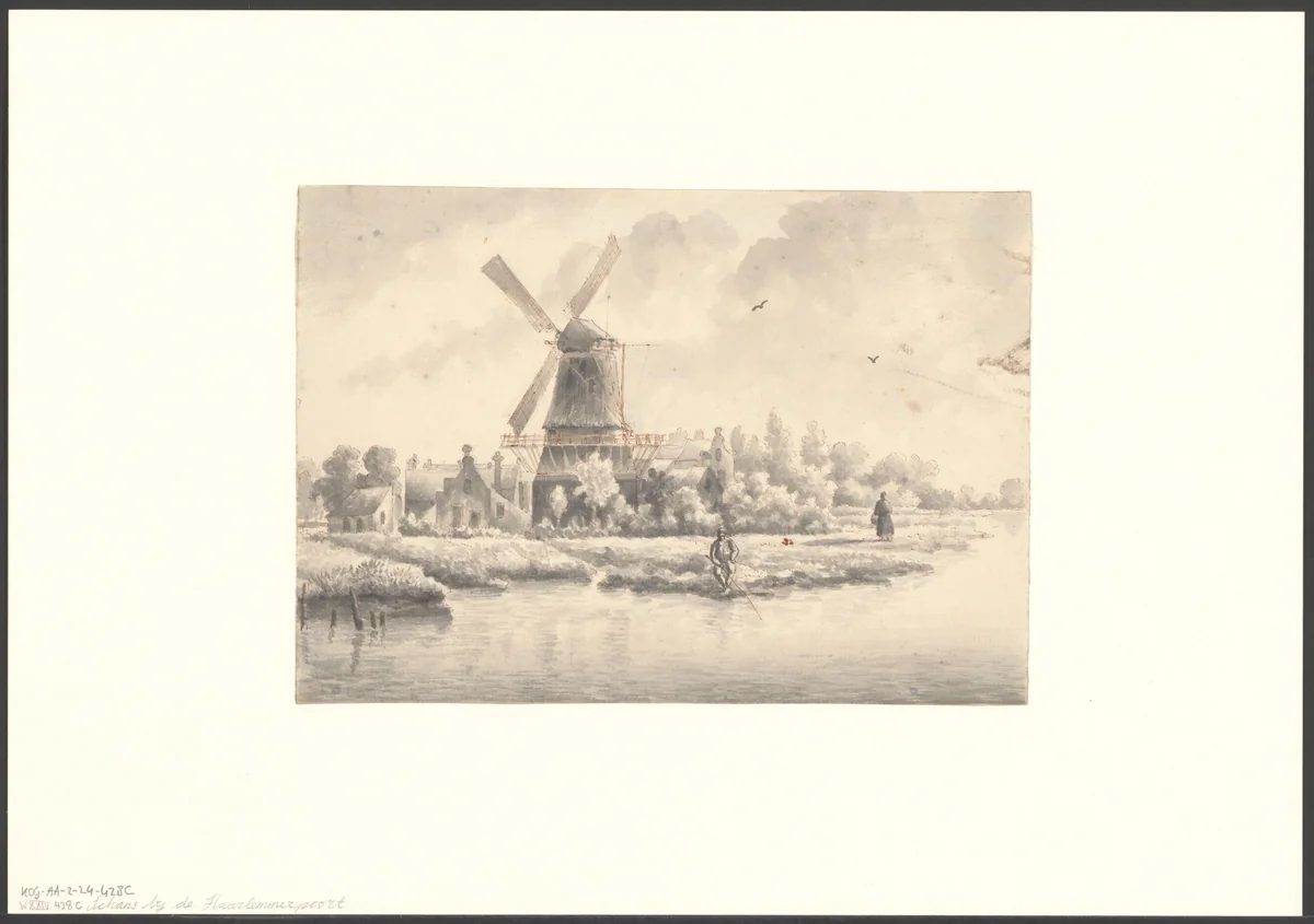 Gezicht op bolwerk Sloterdijk met molen de Kraay by anonymous, drawing, 1750-1850