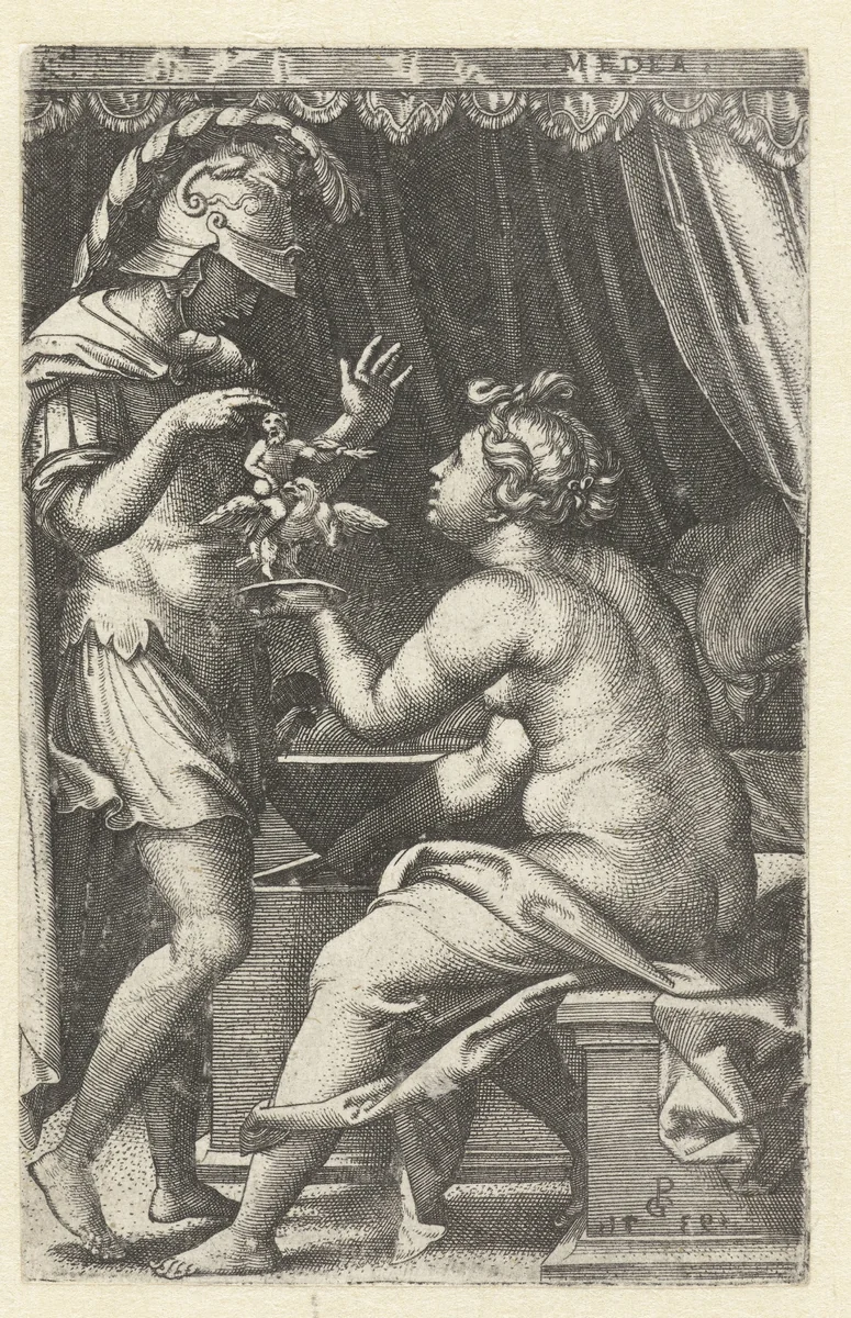 Medea geeft Jason beeld van Ganymedes met adelaar by Unknown, print, 1539