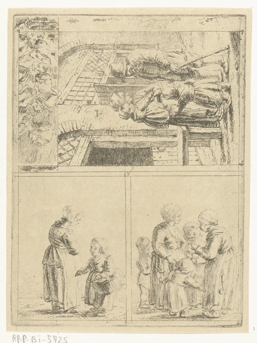 Vier voorstellingen van het gezinsleven by Christina Chalon, print, 1758-1808