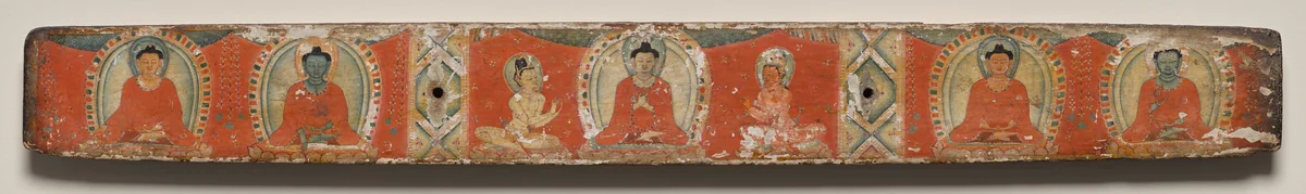 Ratnasambhava, Akshobhya, Vairochana with attendants, Amitabha, and Amoghasiddhi, Top cover, from a Manuscript of the Perfection of Wisdom in Eight Thousand Lines (Ashtasahasrika Prajnaparamita-sutra) by Unknown, painting, 1119