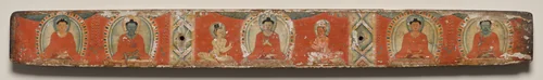 Ratnasambhava, Akshobhya, Vairochana with attendants, Amitabha, and Amoghasiddhi, Top cover, from a Manuscript of the Perfection of Wisdom in Eight Thousand Lines (Ashtasahasrika Prajnaparamita-sutra) by Unknown, painting, 1119