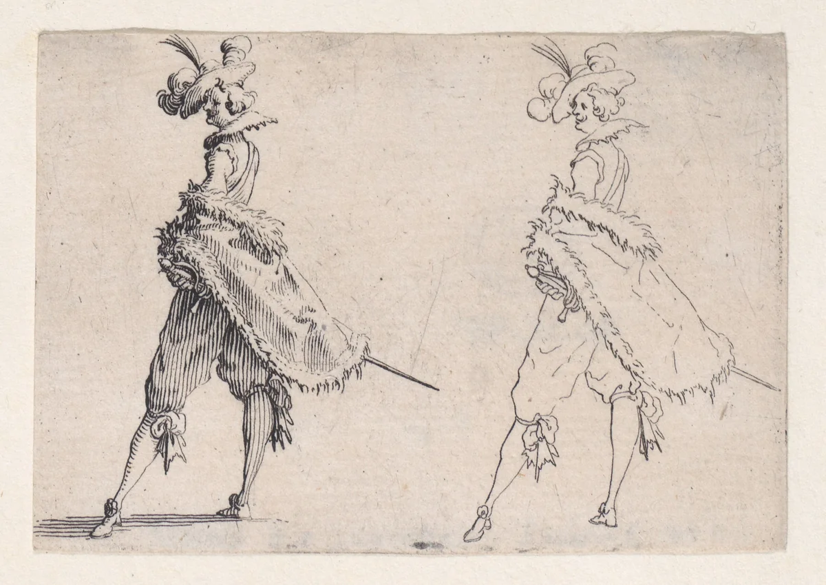 Le Gentilhomme au Manteau Posé sur la Hanche (Gentleman with his Mantle on his Hip), from "Les Caprices" Series A, The Florence Set by Jacques Callot, print, 1617