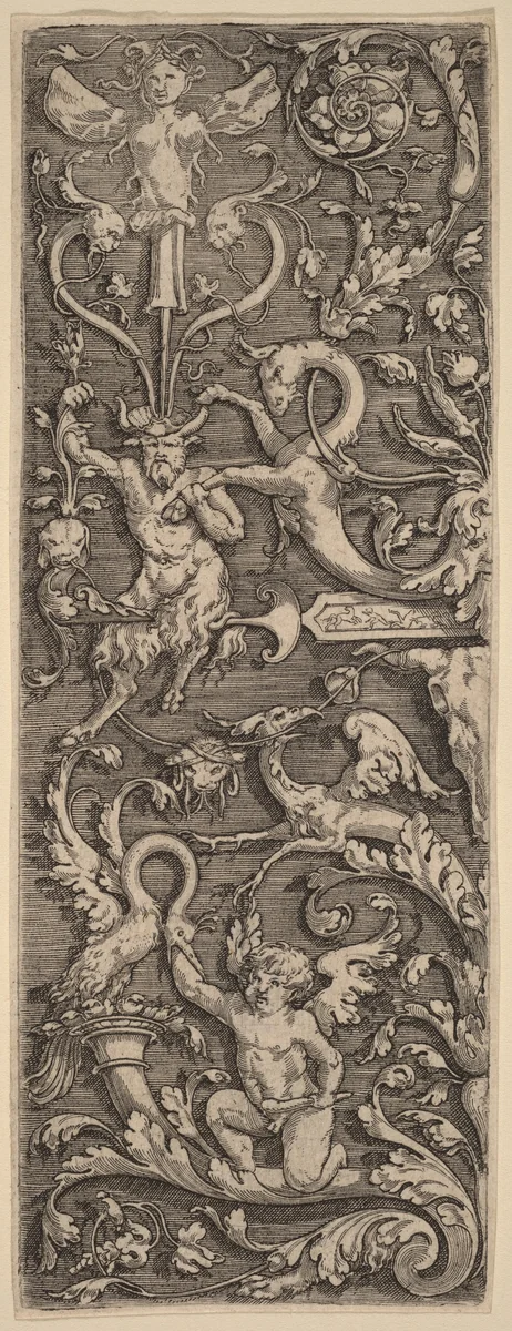Ornament with a Cupid, a Satyr, and Grotesque Figures by Master of the Horse Heads, print, 1453-1560