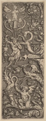 Ornament with a Cupid, a Satyr, and Grotesque Figures by Master of the Horse Heads, print, 1453-1560