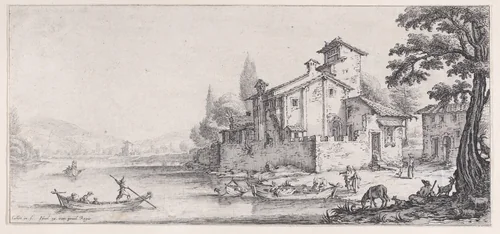 La Promenade sur L'Eau (The Walk by the Water), from "Paysages Gravés pour Jean de Médicis appelées aussi Paysages Dessinés a Florence, Vues de Florence, Paysages d'Italie, et Paysages Définitifs" (Landscapes Engraved for Giovanni de'Medici, Landscapes Designed in Florence, Views of Florence, Landscapes of Italy, and Definitive Landscapes) by Jacques Callot, print, 1613-1623