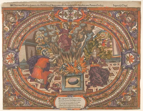 Angel announcing the Birth of Samson, from "The Story of Samson" by anonymous, print, 1555-1585