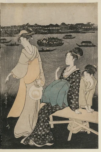 Women Enjoying the Evening Cool Near Ryogoku Bridge by Kitagawa Utamaro (喜多川歌麿), print, 1794-1797
