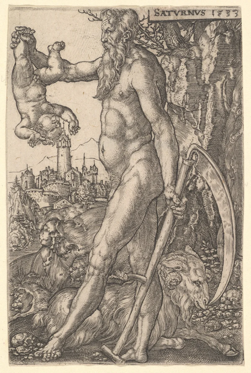 Saturn holding an Infant and a Scythe, from "The Seven Planets" by Heinrich Aldegrever, print, 1533