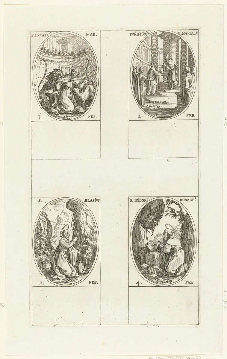 Heilige Ignatius van Antiochië, Presentatie van Christus in de tempel (Maria-Lichtmis), Heilige Blasius, Heilige Isidorus van Pelusium (1-4 februari) by Jacques Callot, print, 1632-1636