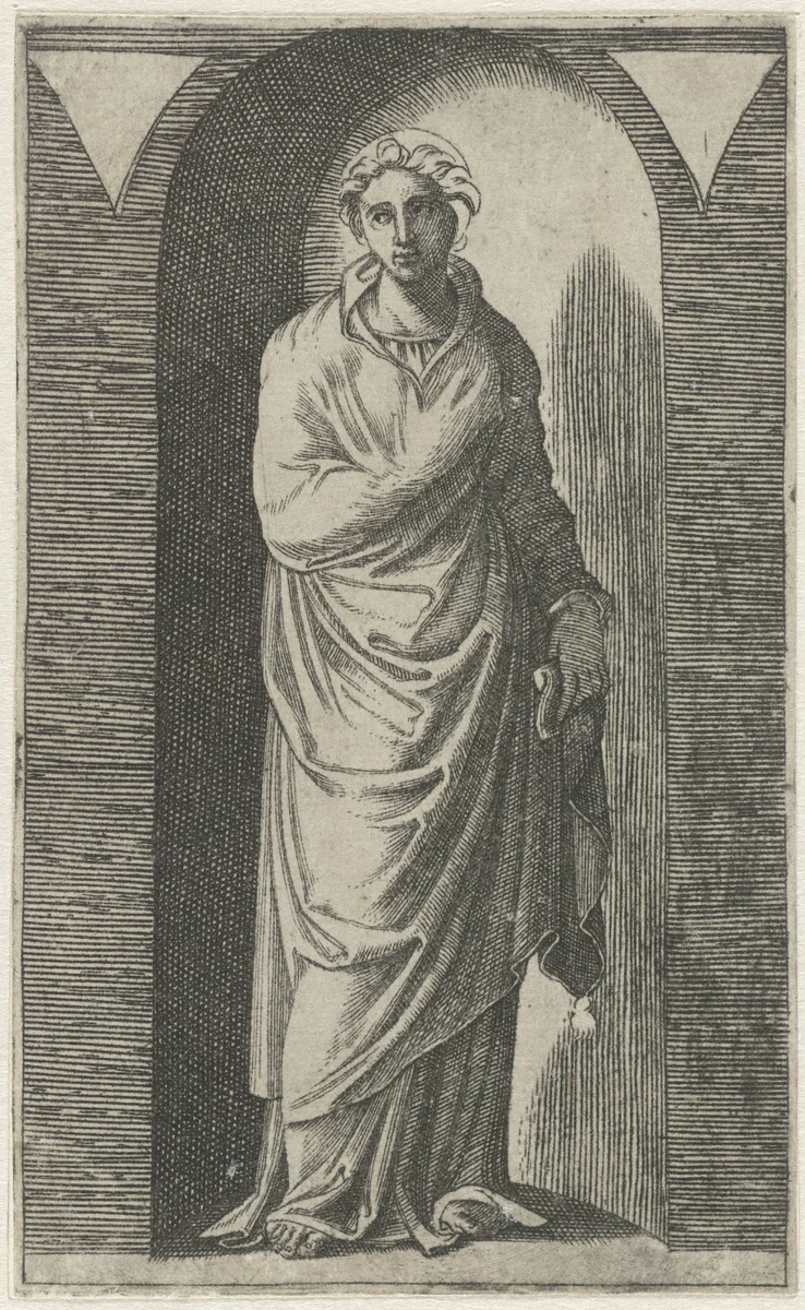 Muze met schriftrol staand in nis by Marcantonio Raimondi, print, 1511-1520