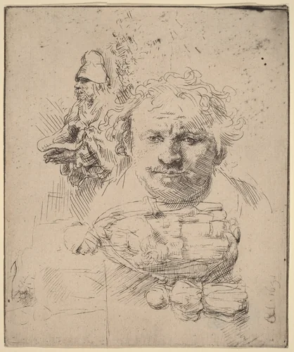 Sheet of Studies with the Head of the Artist, a Beggar Man, and Woman and Child by Rembrandt van Rijn, print, 1651