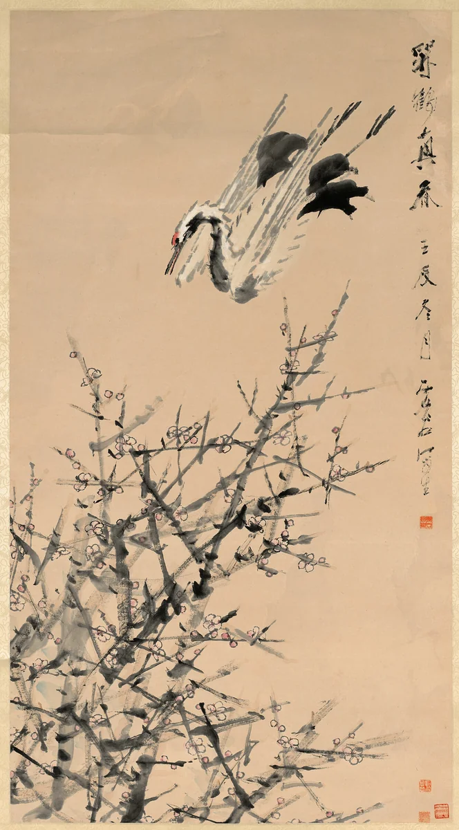 Plum Blossoms, Crane, and Spring by Xugu (虛谷), painting, 1819-1901
