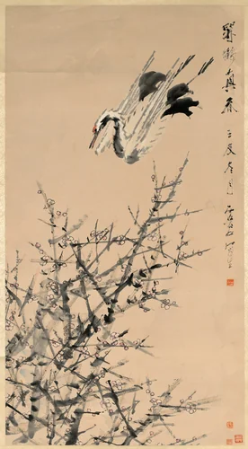 Plum Blossoms, Crane, and Spring by Xugu (虛谷), painting, 1819-1901