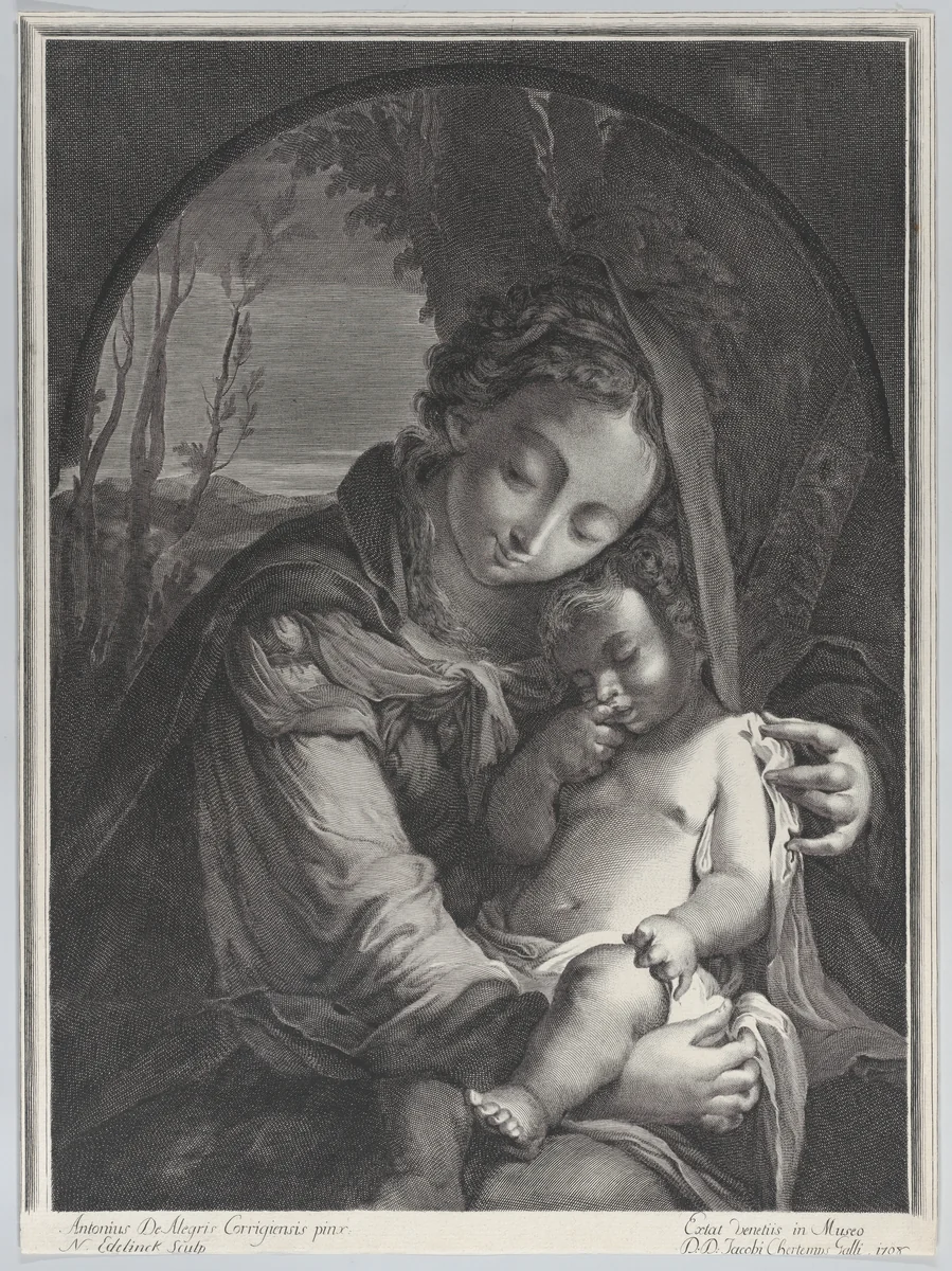 Virgin with the sleeping Christ child by Nicolas Etienne Edelinck, print, 1708