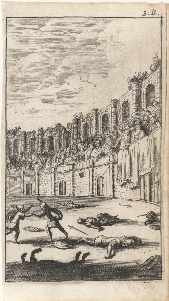 Vechtende gladiatoren in een arena by Abraham Dircksz. Santvoort, print, 1666