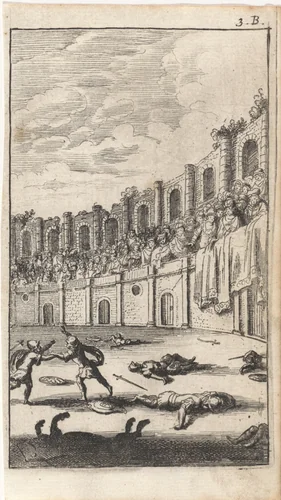 Vechtende gladiatoren in een arena by Abraham Dircksz. Santvoort, print, 1666